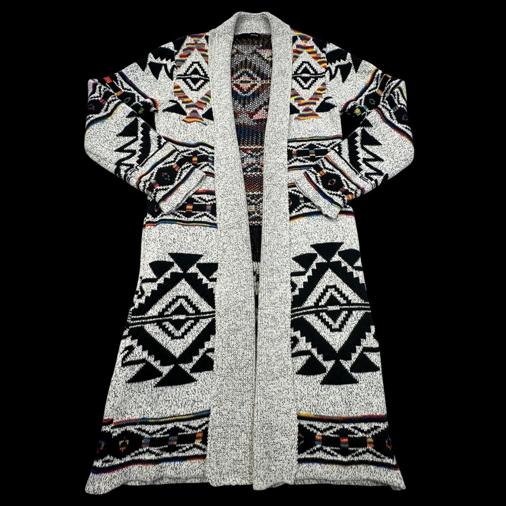 On Blue Cardigan Women S Gray Southwestern Aztec Longline Open Front Sweater